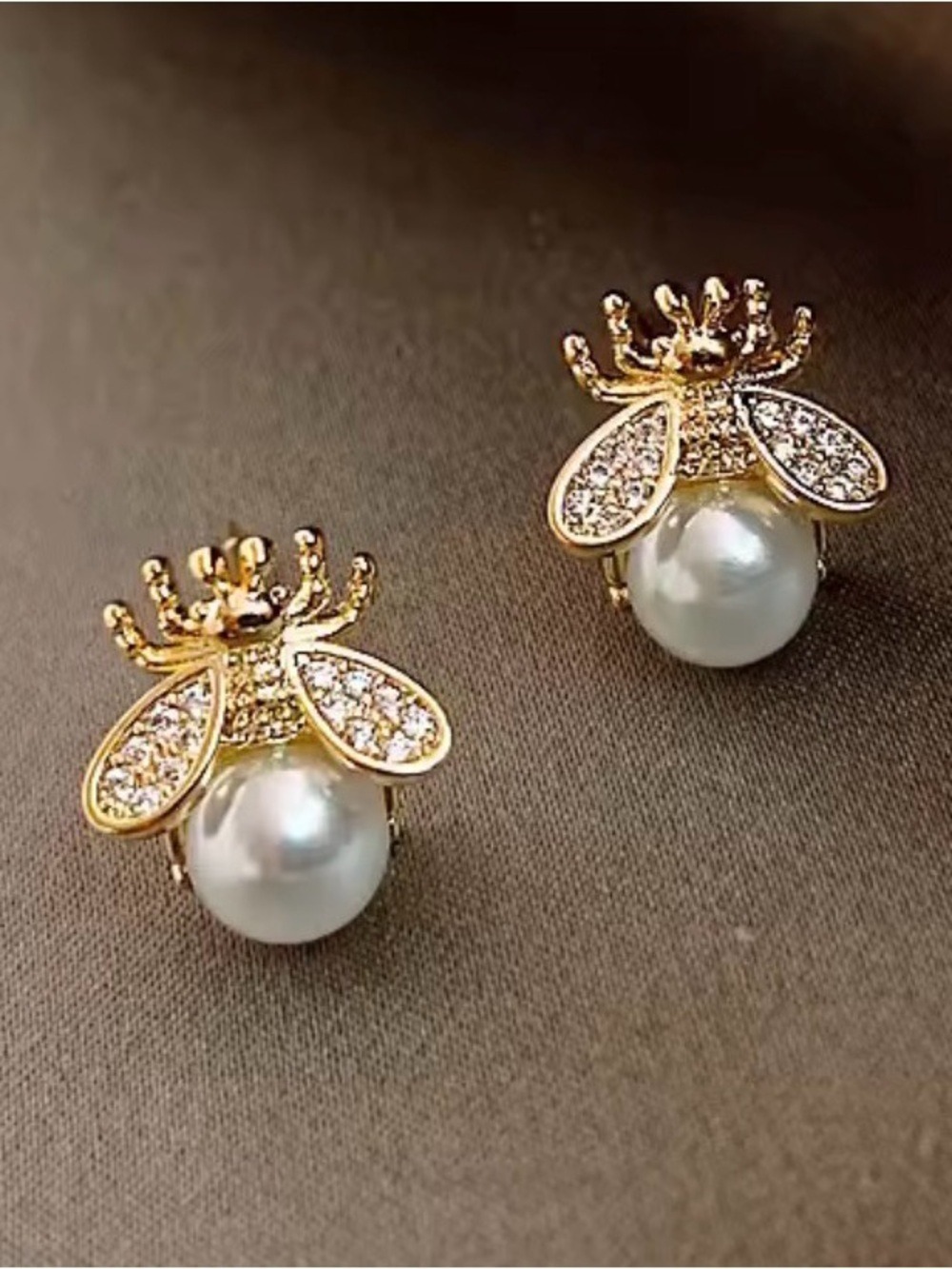 925 Sterling Silver Bee Pearl Earrings Gold CZ Hypoallergenic